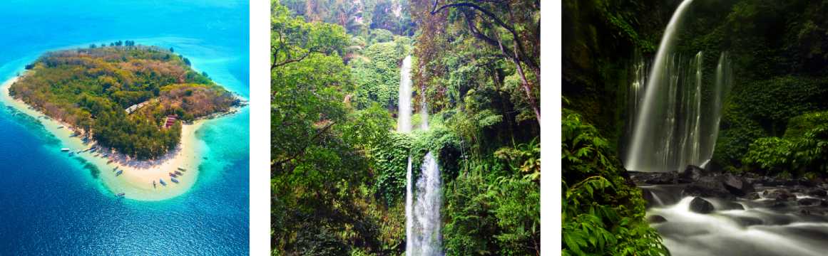 Escena tropical de Lombok con barca tradicional en la orilla y campos verdes al pie de montañas