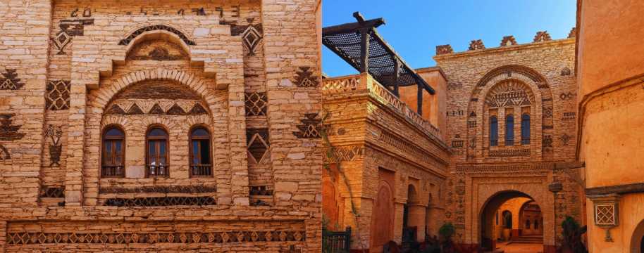 Arquitectura tradicional marroquí con fachadas de piedra decorada y arcos en un antiguo edificio histórico