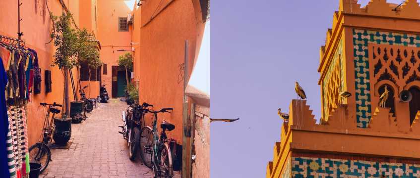 Calle estrecha de la medina de Marrakech con bicicletas, tiendas locales y paredes de color ocre