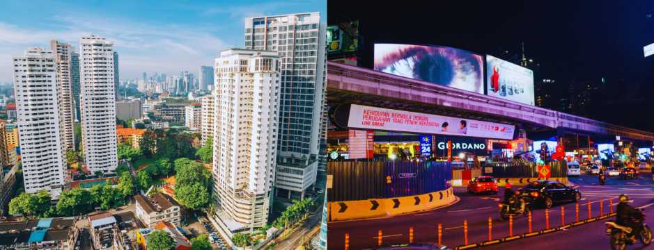 Kuala Lumpur's urban landscape, featuring residential buildings by day and a glowing avenue by night.