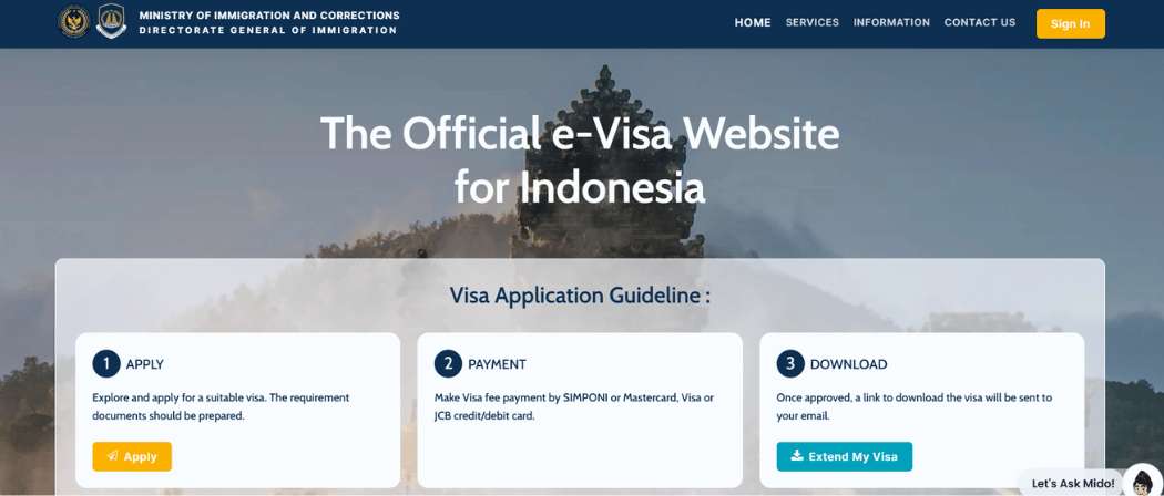 Site officiel du système e-Visa pour l'Indonésie, pour demander votre visa en ligne avant votre départ.