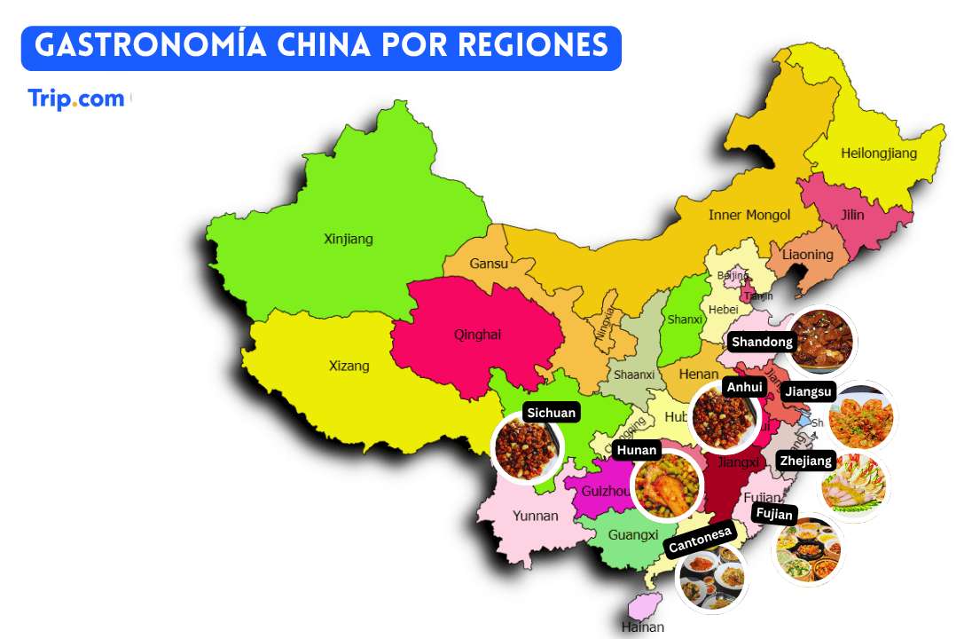 Carte de la Chine mettant en avant les régions gastronomiques incontournables comme le Sichuan, le Hunan et Canton, accompagnée de leurs plats emblématiques