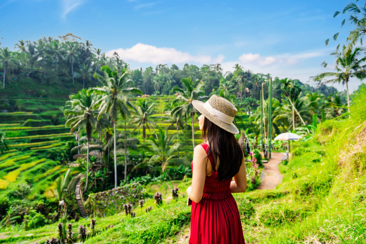 A girl in a red dress and hat looking at the scenery of the balinese rice fields