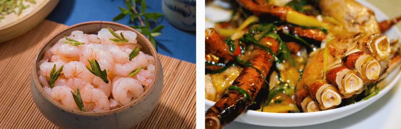Bol de riz aux crevettes et à la ciboule accompagné de fruits de mer sautés en sauce, des exemples de cuisine chinoise aux ingrédients frais