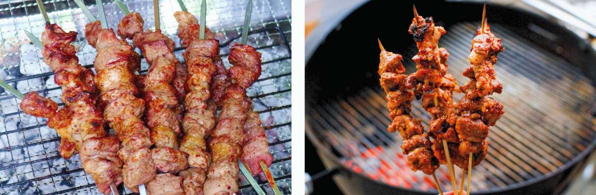 Brochetas de carne a la parrilla estilo chino con especias, street food típica en mercados nocturnos
