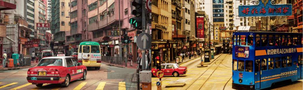 Les rues animées de Hong Kong, avec ses taxis rouges et ses tramways traditionnels à impériale