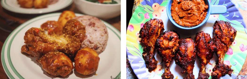 Pollo africano macaense servido con salsa especiada, uno de los platos más famosos de la cocina local