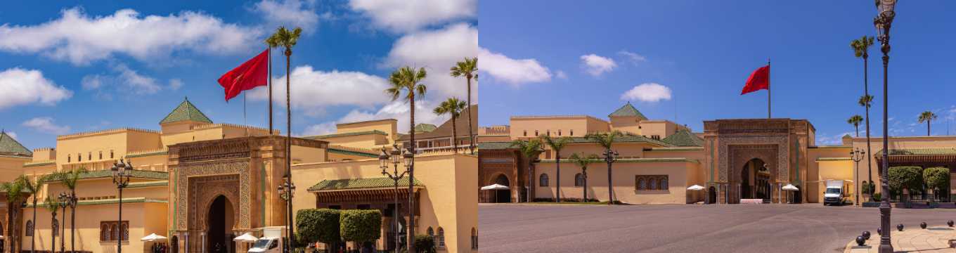 Complejo del Palacio Real de Rabat con murallas ocres, puertas monumentales y banderas de Marruecos