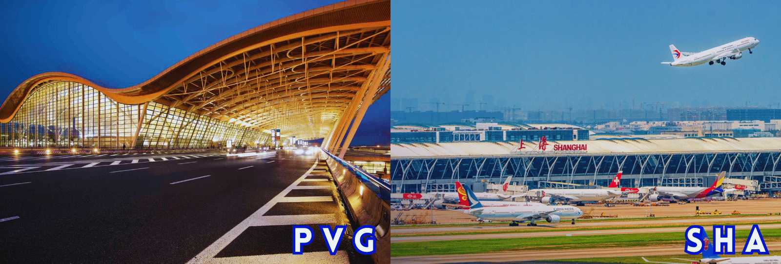 Aeropuertos de Shanghái Pudong (PVG) y Hongqiao (SHA), principales aeropuertos para vuelos internacionales y domésticos.