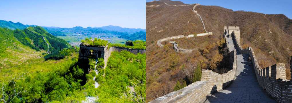 Abschnitte der Chinesischen Mauer inmitten grüner Landschaften und kontrastreicher Berge