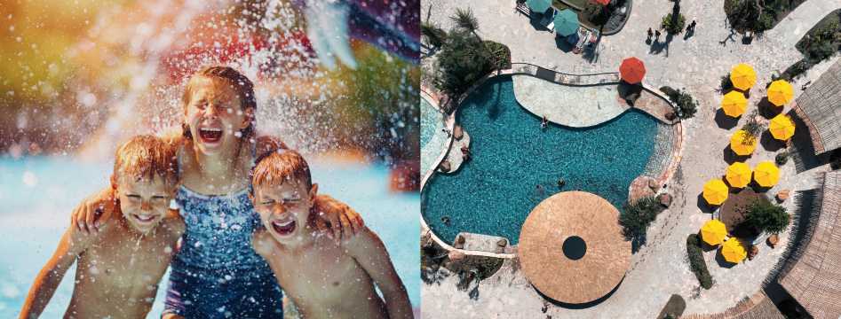 Niños jugando en un parque acuático y vista aérea de una piscina rodeada de sombrillas en un resort familiar