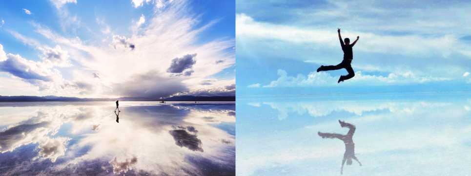A stunning Sky Mirror-style beach, reflecting the sky and a person walking.
