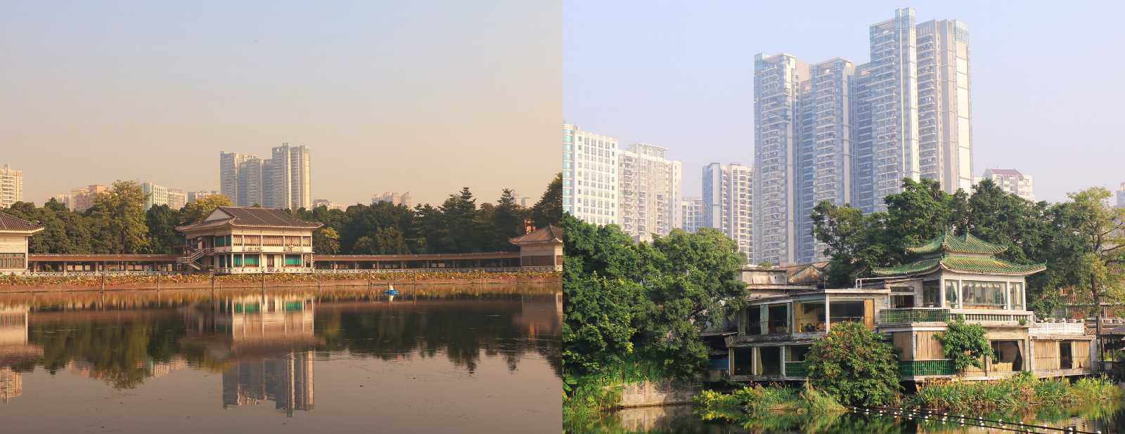Collage of a park by a lake with traditional buildings and, on the other side, modern skyscrapers overlooking the water