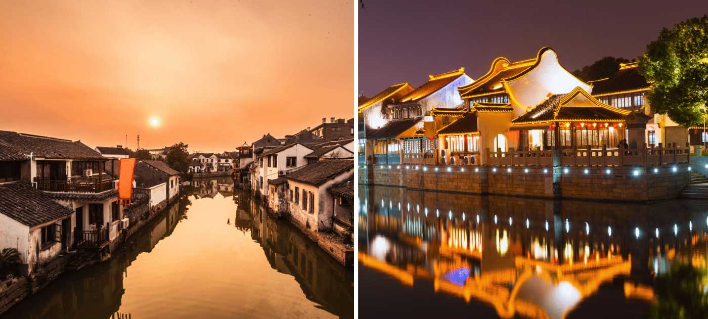 Canale a Tongli al tramonto e Suzhou illuminata di notte, con l'architettura tradizionale che si riflette nell'acqua