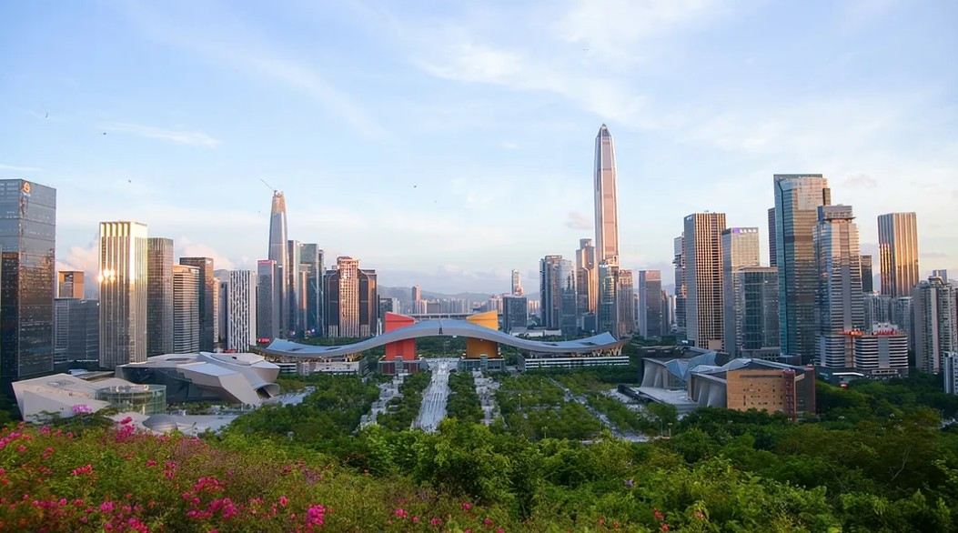 Shenzhen skyline with modern skyscrapers and a landscaped city center