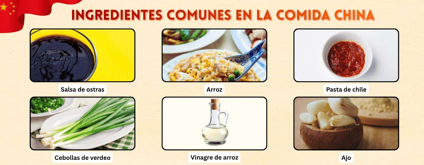 Ingredientes básicos de la cocina china como salsa de ostras, arroz, pasta de chile, cebollín, vinagre de arroz y ajo