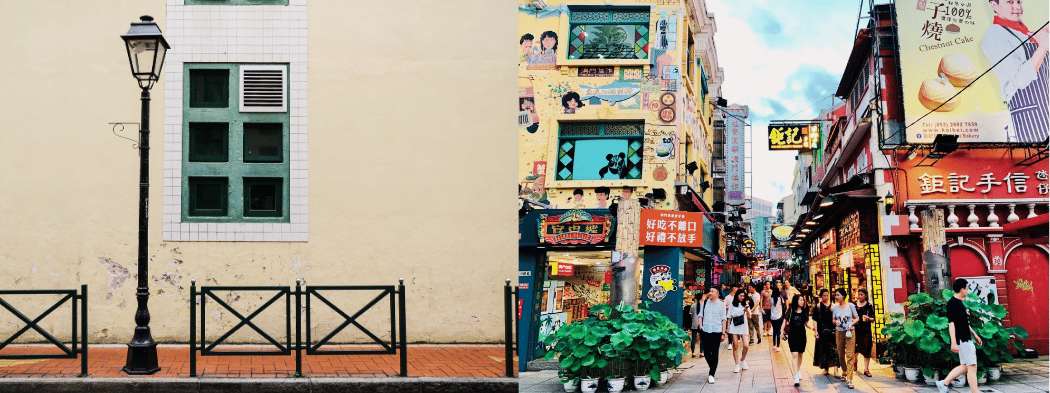 Contraste entre la arquitectura colonial portuguesa y las zonas comerciales más animadas de Macao