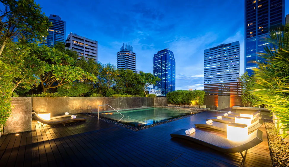 The poolside view of Bangkok at night from a famous hotel