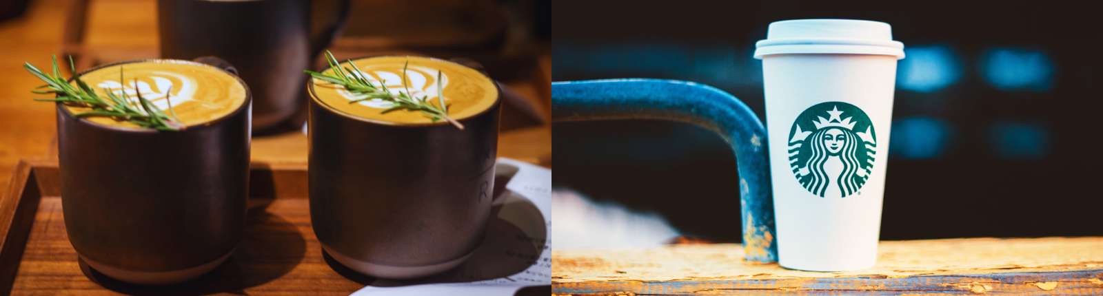 Tazzine di caffè con latte art e una bevanda Starbucks da asporto su un bancone di legno.