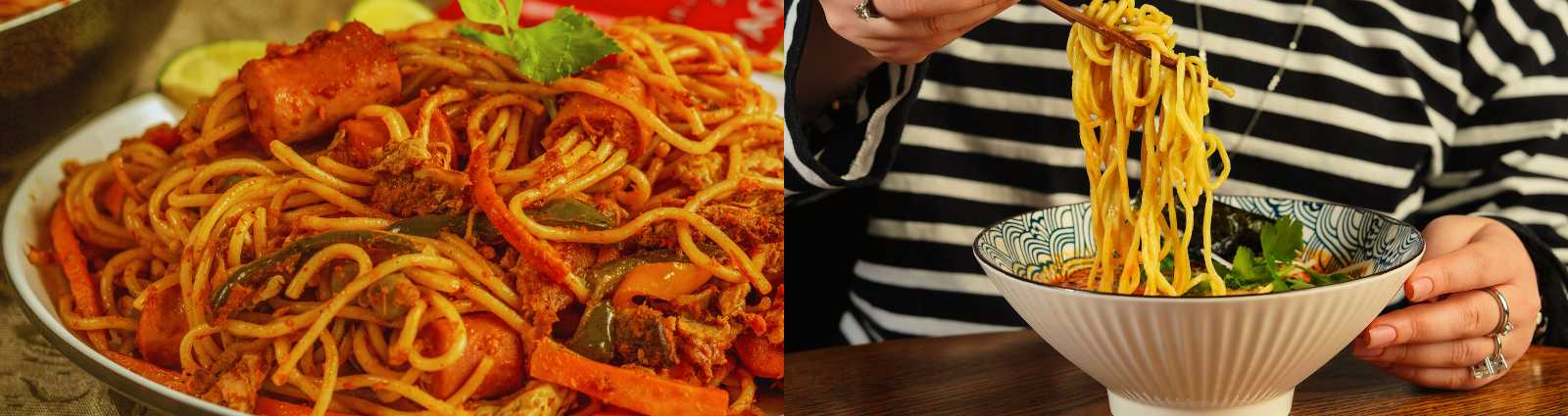 Un piatto di noodle asiatici piccanti con verdure, accanto a qualcuno che si gusta una ciotola di ramen con le bacchette.