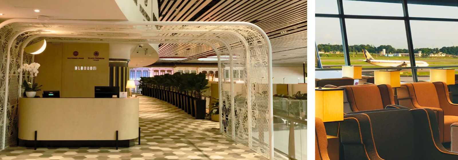 Moderna lounge aeroportuale con area accoglienza e vista sulla pista