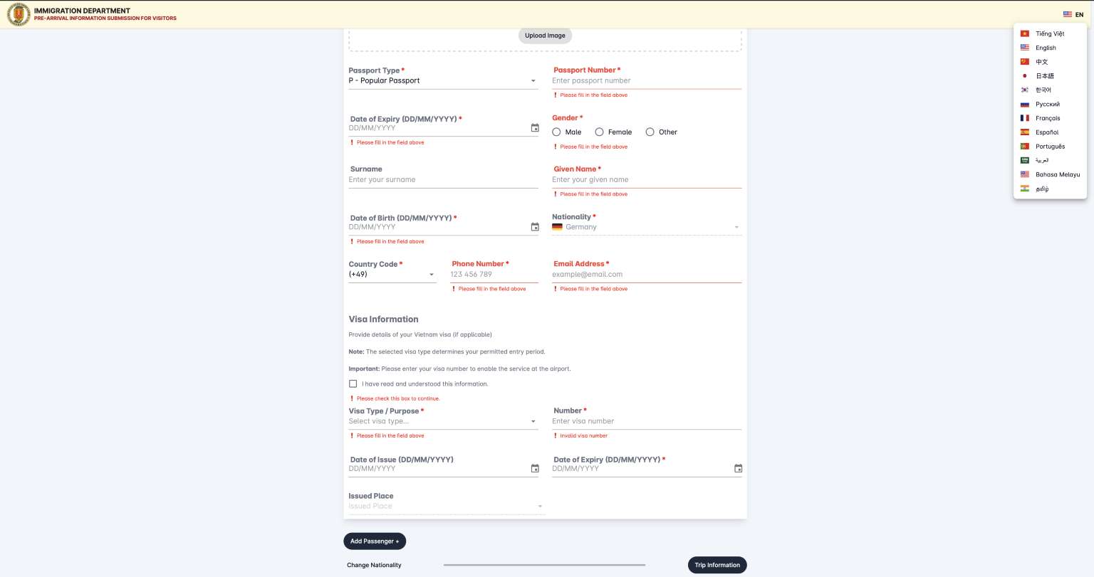 The first page is for your passport and personal details