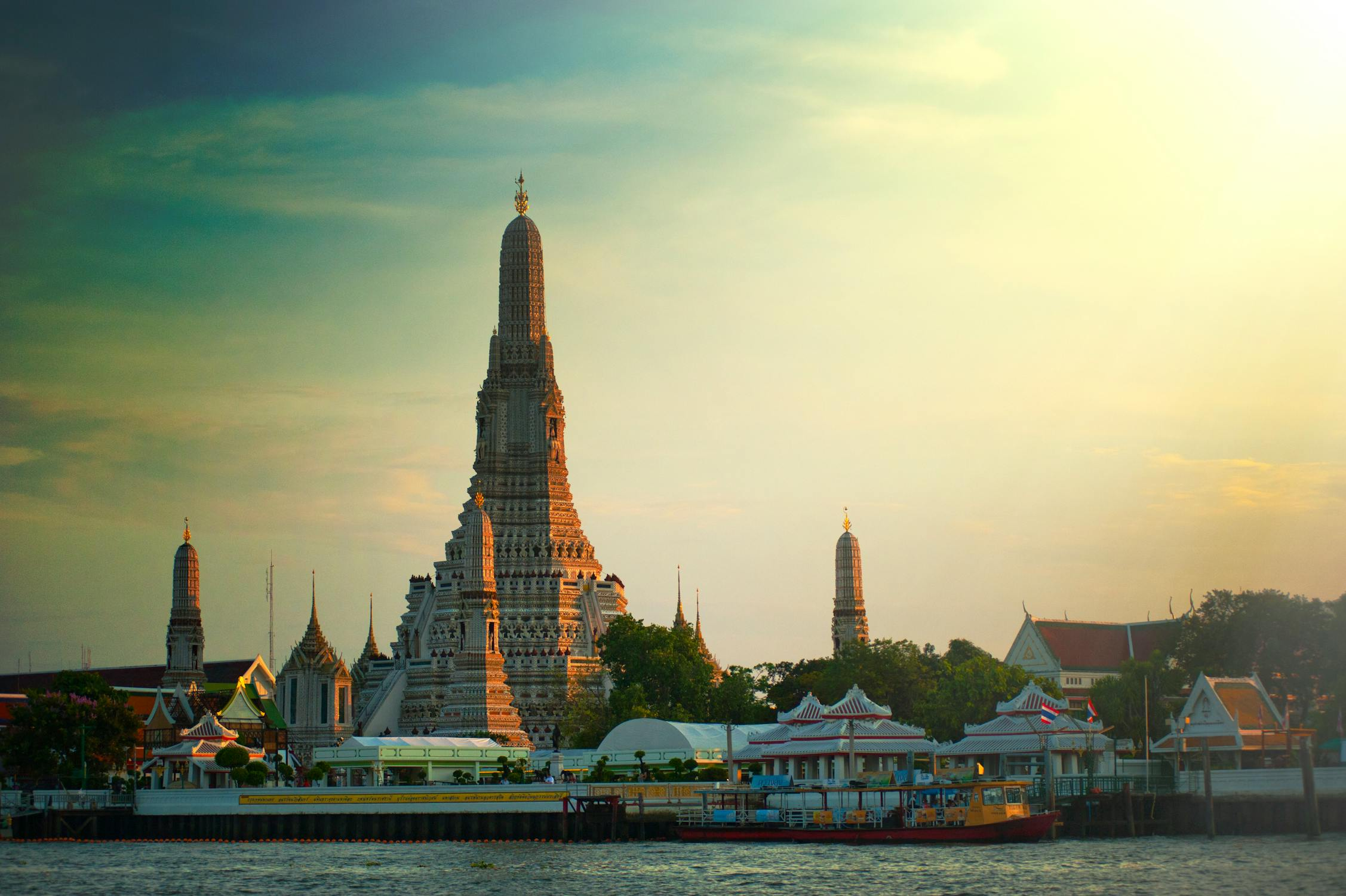 A panoramic evening scene of the temples of Bangkok