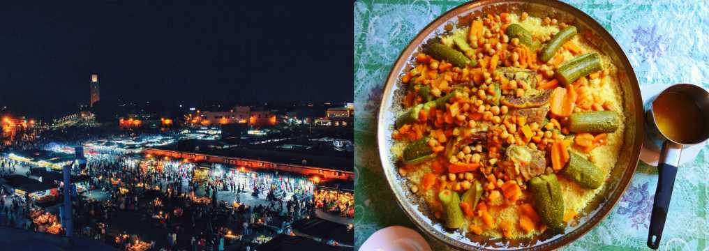 Plaza Jemaa el-Fna de noche con puestos iluminados y gran afluencia de personas