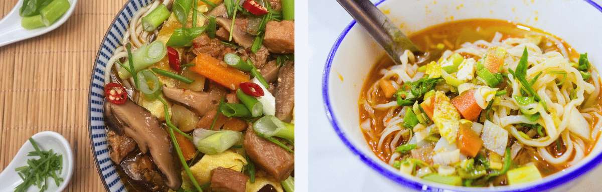 Fideos chinos salteados y sopa de noodles con verduras, platos tradicionales de Xi’an