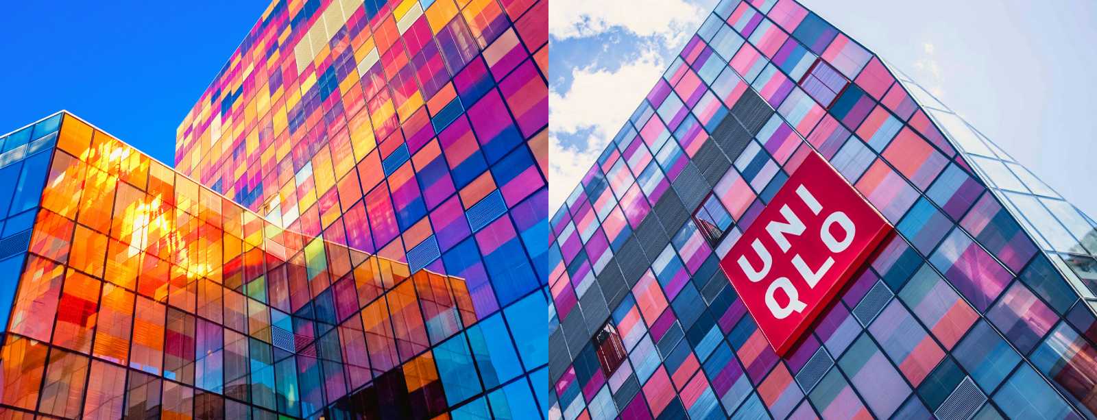 Edificio moderno de la tienda UNIQLO en Pekín, con fachada de colores y diseño contemporáneo