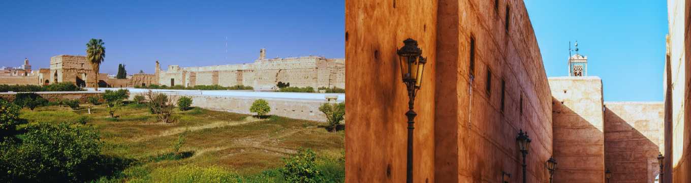 Murallas históricas de Marrakech vistas desde un jardín con vegetación y cielo despejado.