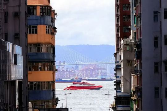 Waterfront view of Stonecutters Bridge from Kowloon, Hong Kong