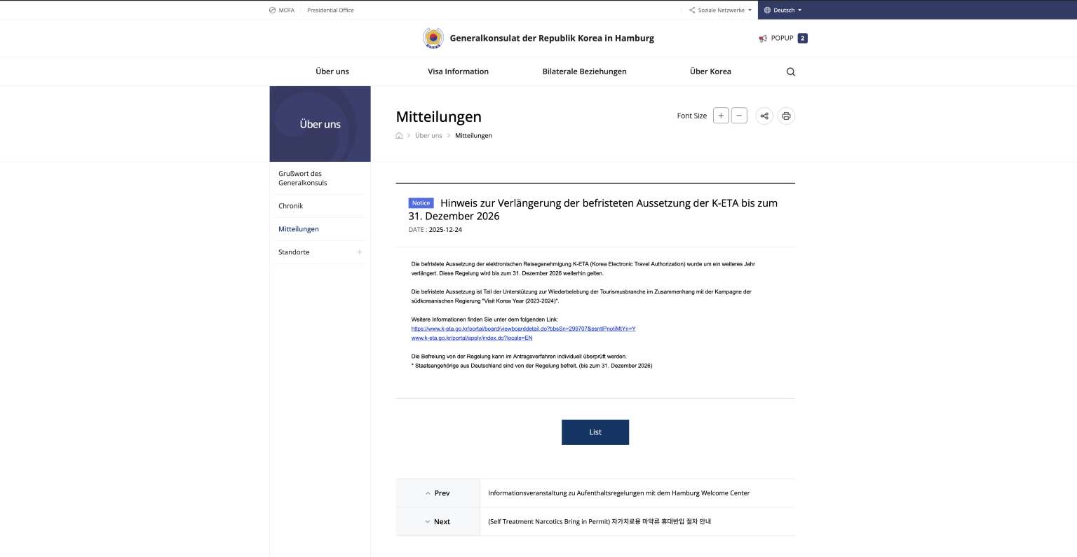 Informationen der südkoreanischen Botschaft Hamburg über die Aussetzung der K-ETA-Pflicht für deutsche Besucher