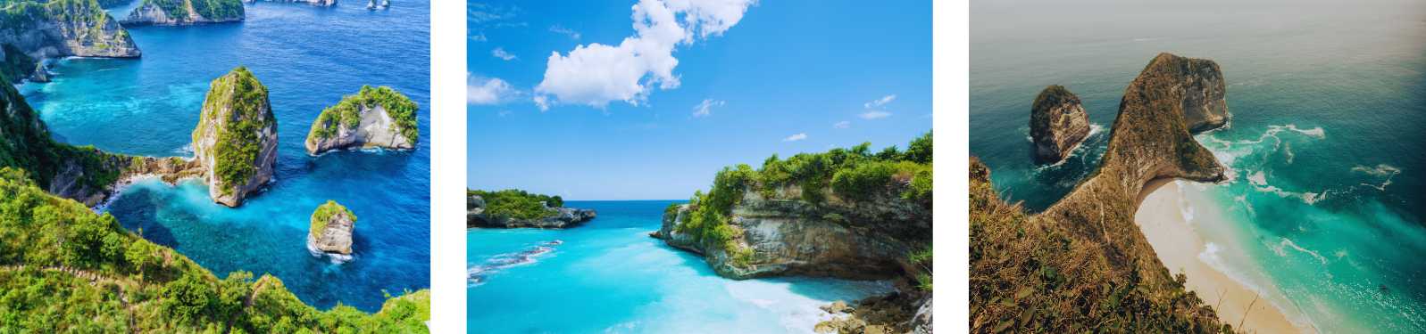 Nusa Penida's coastal landscapes, featuring dramatic cliffs, rock formations, and beaches with crystal-clear blue waters.