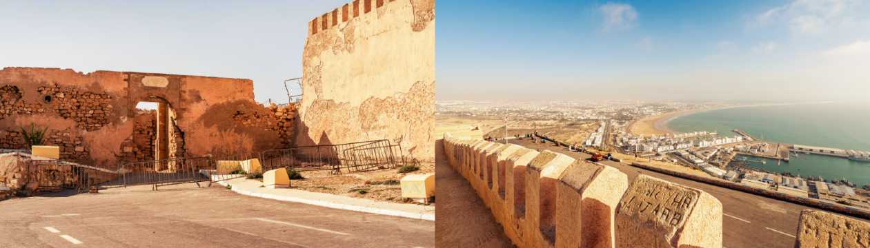 Ruinas de la antigua kasbah de Agadir con vistas panorámicas de la ciudad y la costa
