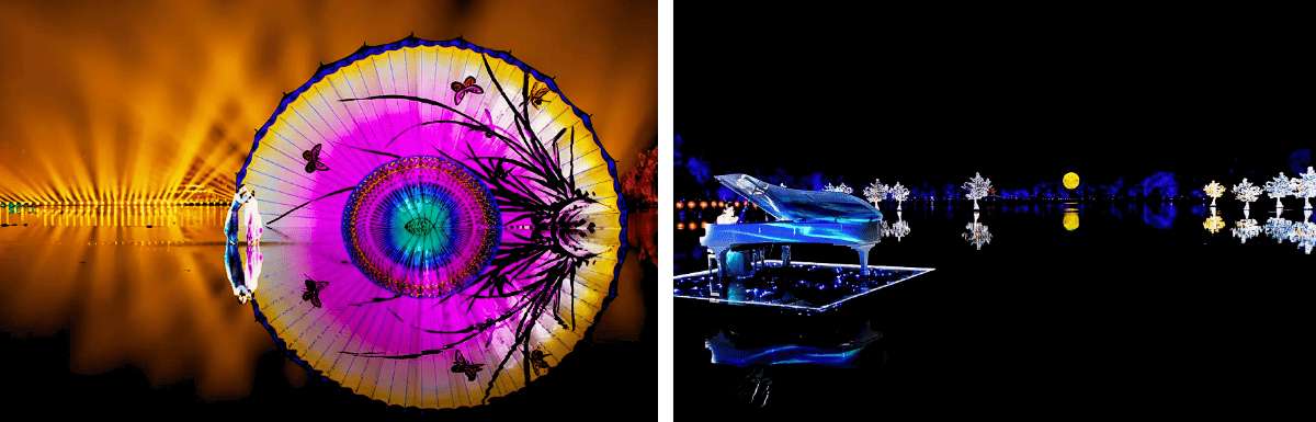 Spectacle nocturne avec éclairage artistique et piano flottant sur le lac
