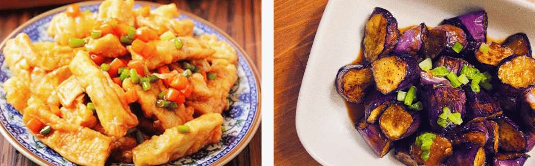 Platos elaborados con tofu y berenjena preparados al estilo casero de la cocina de Yunnan