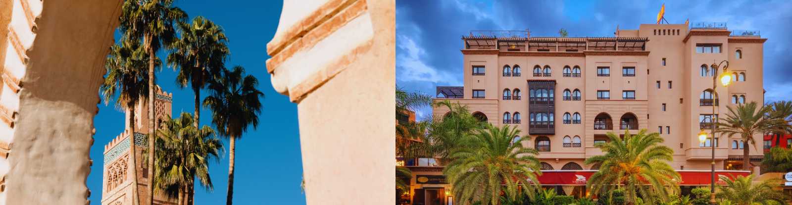 Hotel en Marrakech con arquitectura tradicional, palmeras y fachada iluminada al atardecer