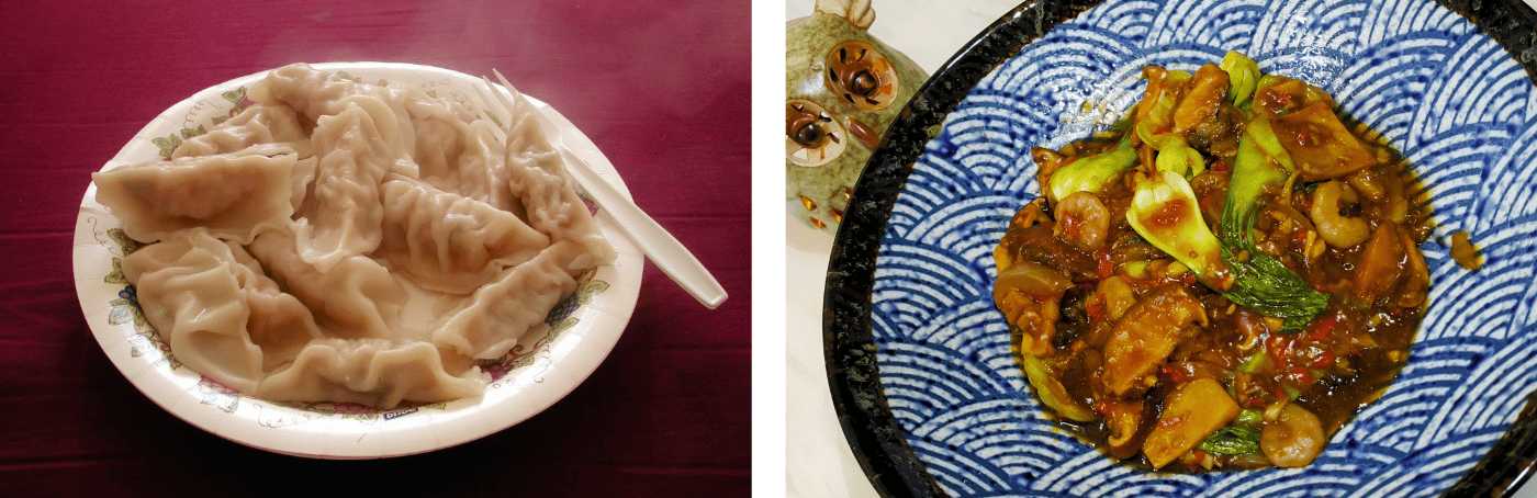 Traditionnels dumplings bouillis et plat sauté aux légumes et à la viande, une cuisine familiale typique de Chine
