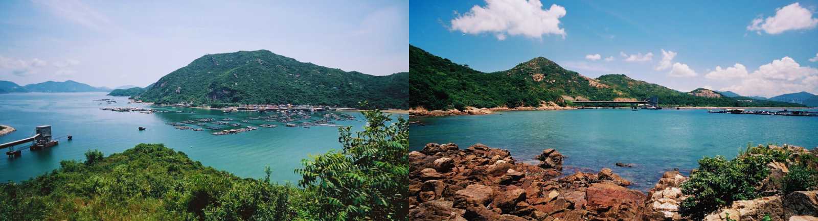 Panorámica de bahía y costa verde en Lantau, con aldeas pesqueras, aguas tranquilas y colinas cubiertas de vegetación.