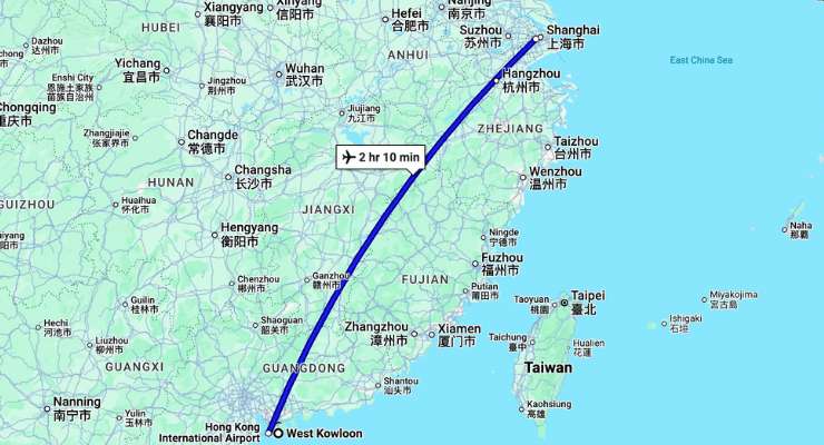 Mapa de la ruta entre Hong Kong y Shanghái con conexión aérea