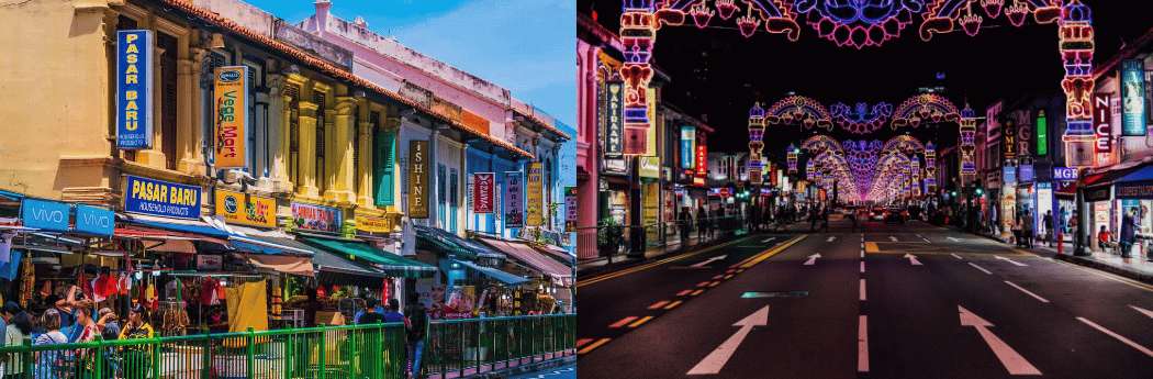 Le marché de Bugis Street et les illuminations d'une avenue de Singapour à la tombée de la nuit