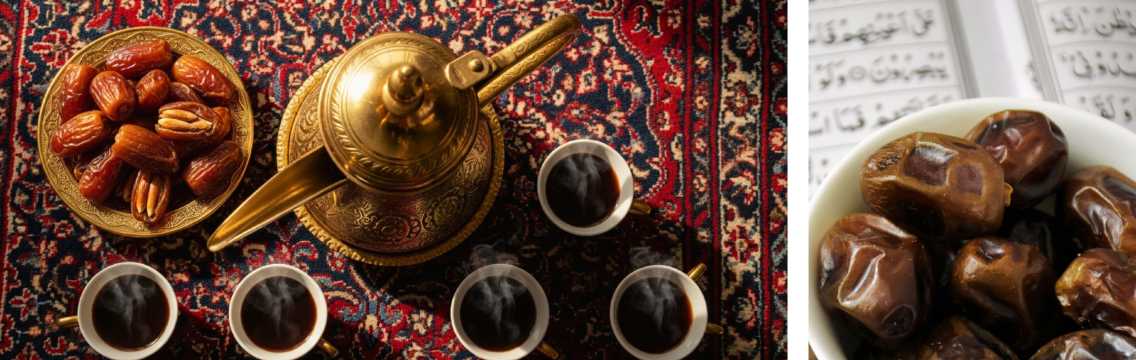 Café árabe servido con dátiles y cafetera tradicional sobre alfombra oriental