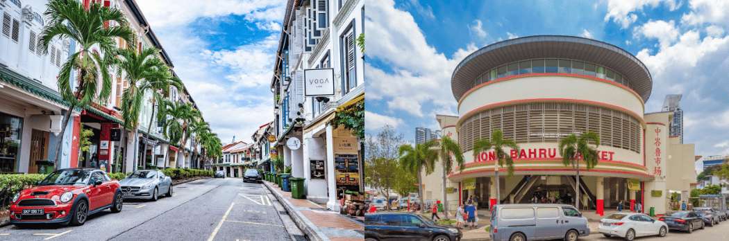 Rue historique de Singapour et façade du marché traditionnel de Johor Bahru