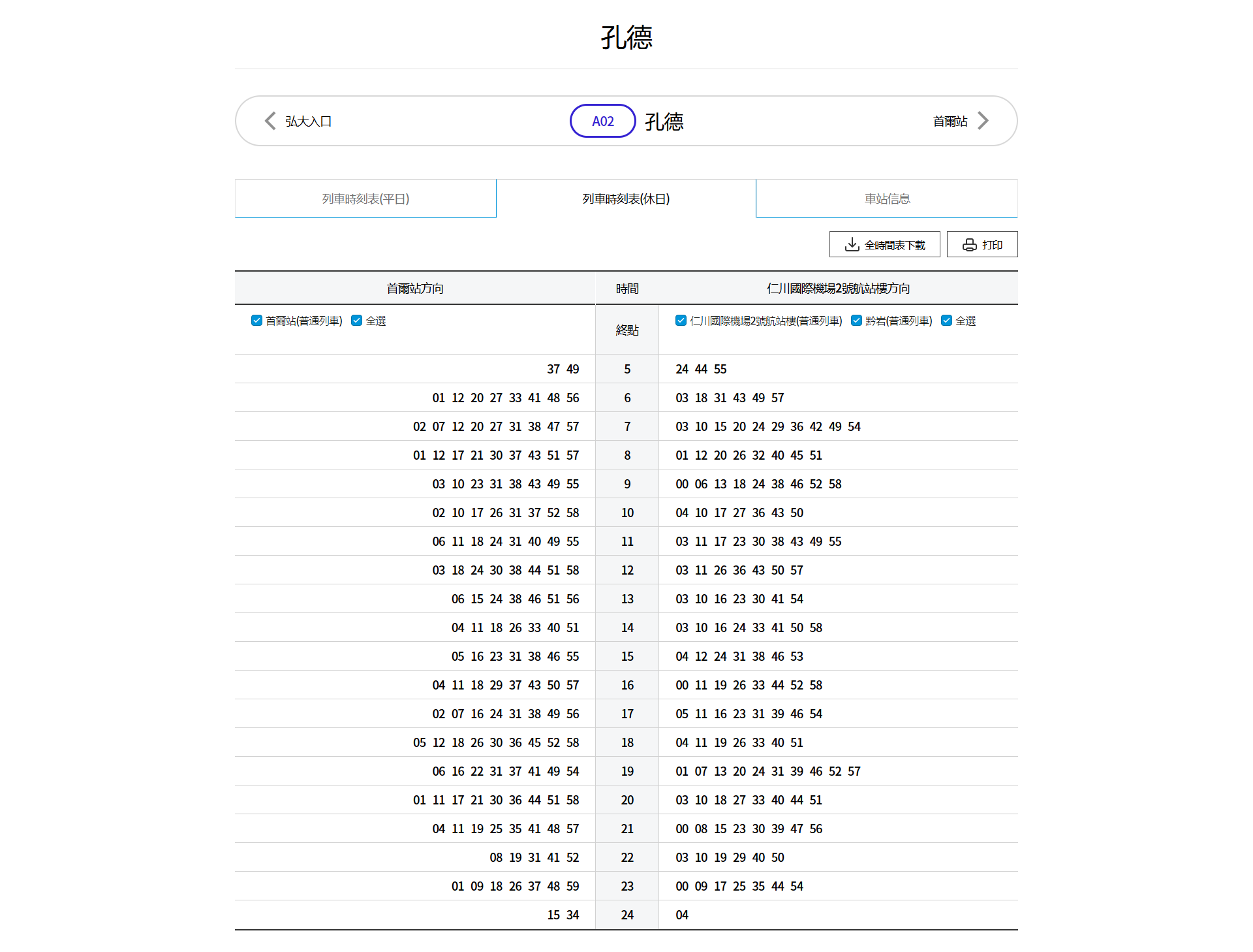 AREX 孔德站時刻表 - 假日
