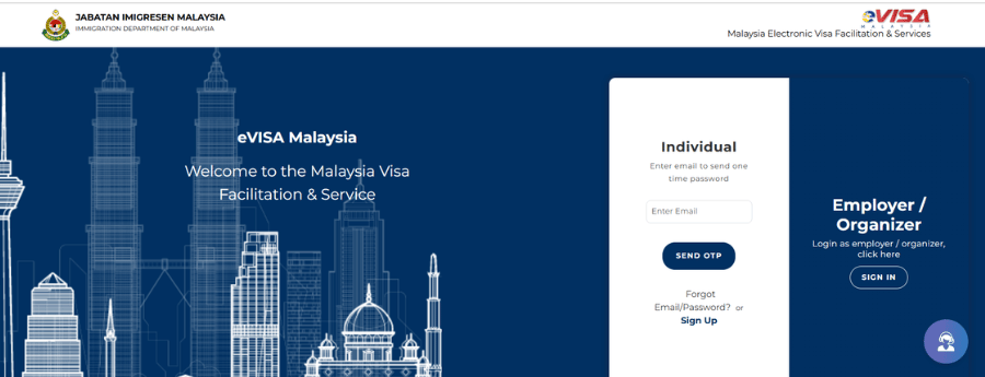 Portal de acceso al eVisa Malaysia con opciones de registro y gestión de solicitudes migratorias