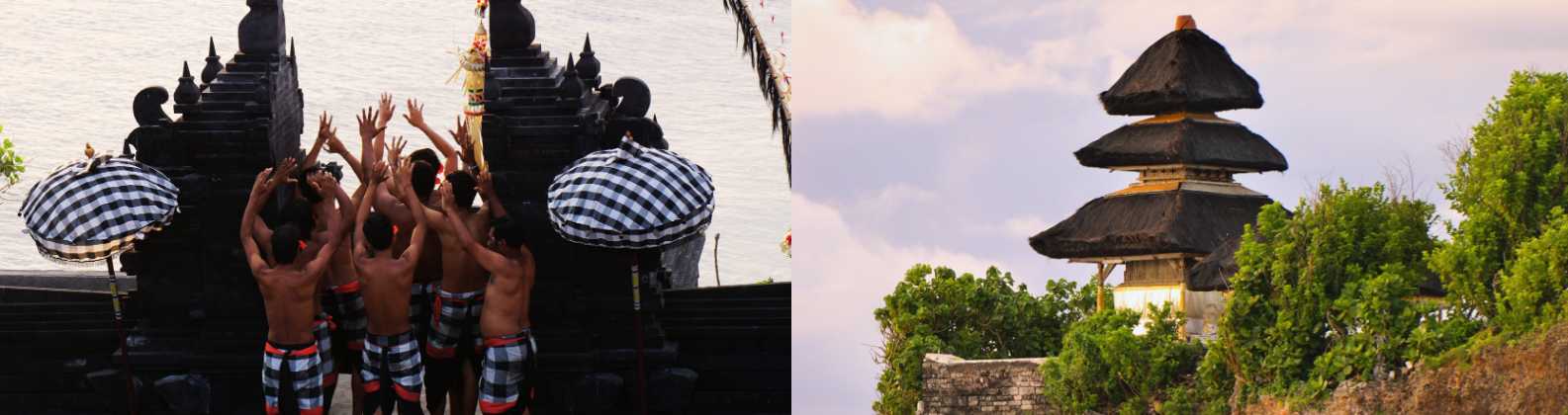 Traditional Balinese ceremony by the sea and a Hindu temple surrounded by lush greenery