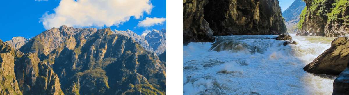 Montagne scoscese e un fiume impetuoso nella Gola del Salto della Tigre durante un trekking nello Yunnan.