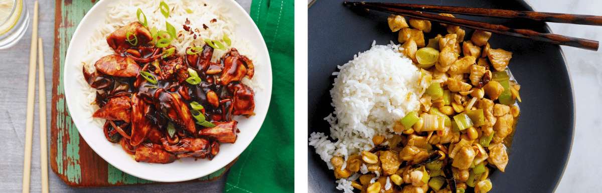 Pollo salteado con arroz blanco y verduras servido en plato, comida china casera y rápida
