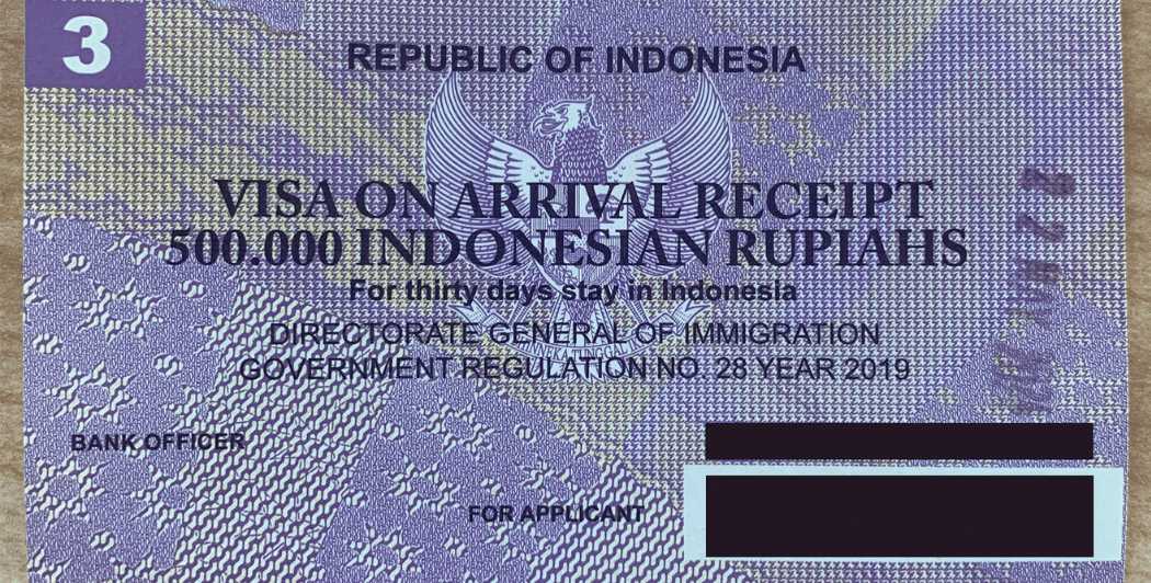 Reçu officiel du visa à l'arrivée pour l'Indonésie avec le coût en roupies indonésiennes